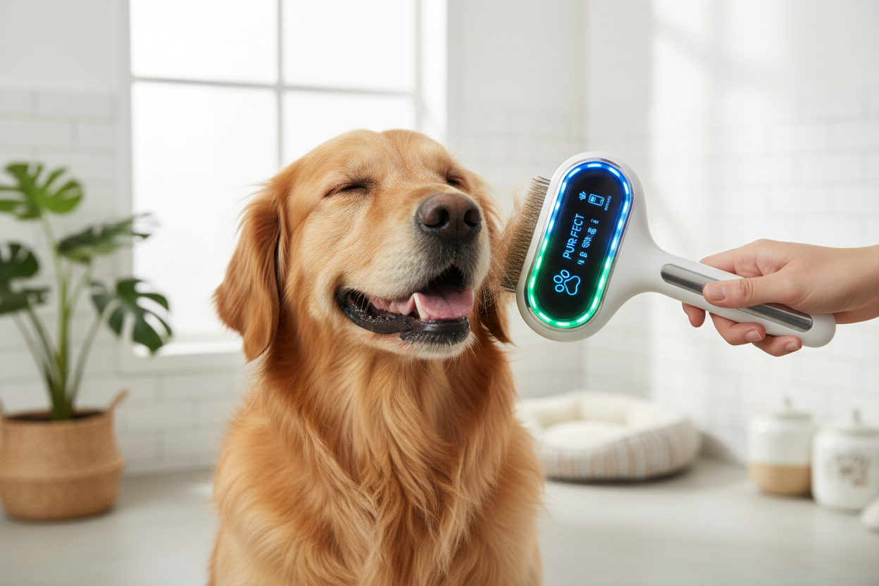 Dog being groomed with smart pet brush