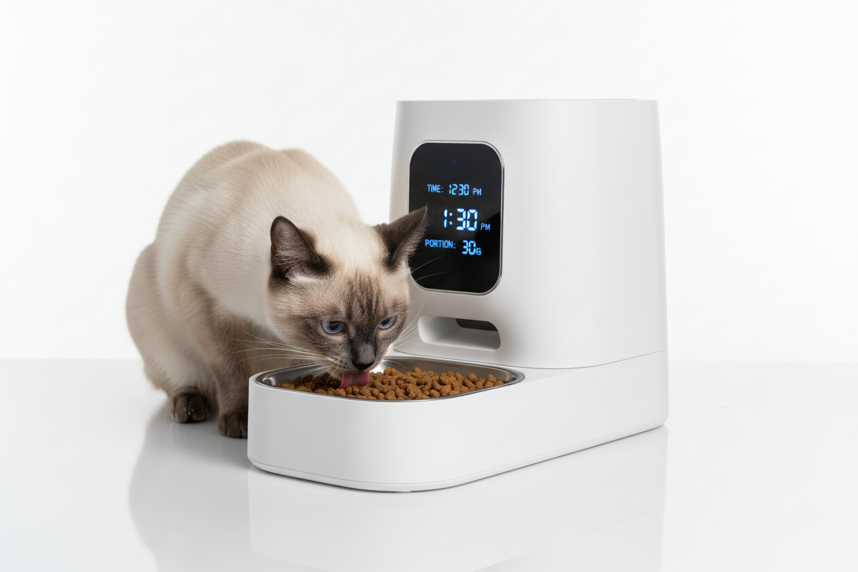 Cat eating from smart automatic feeder