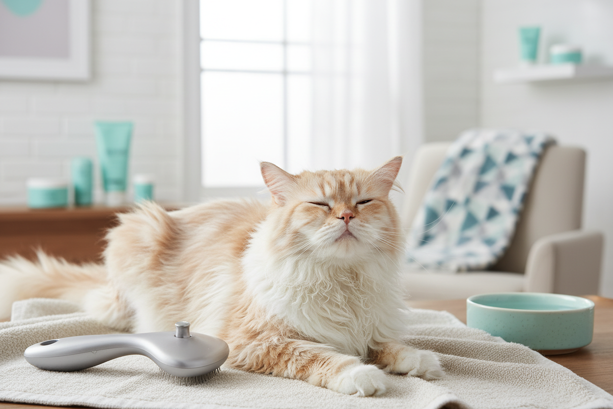 Cat being groomed after bath with smart brush
