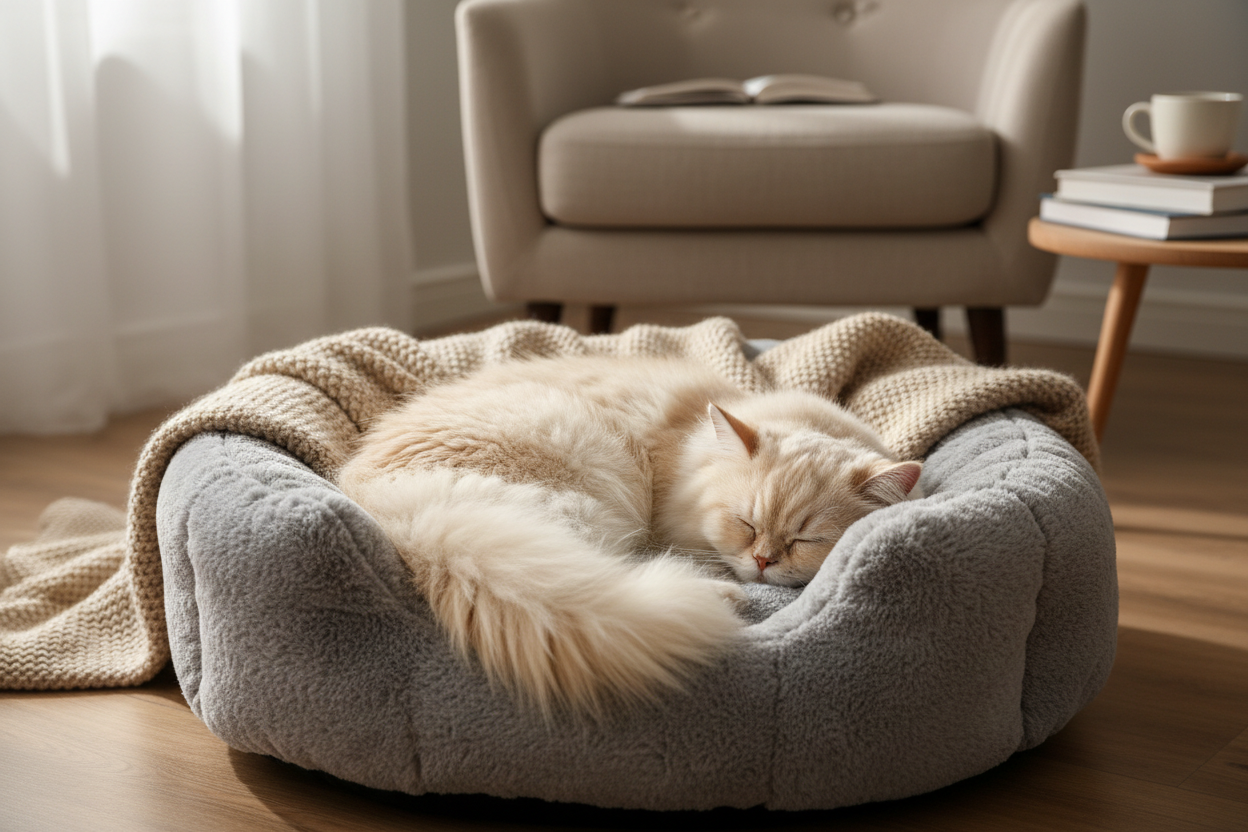 Cat resting in a cozy pet bed