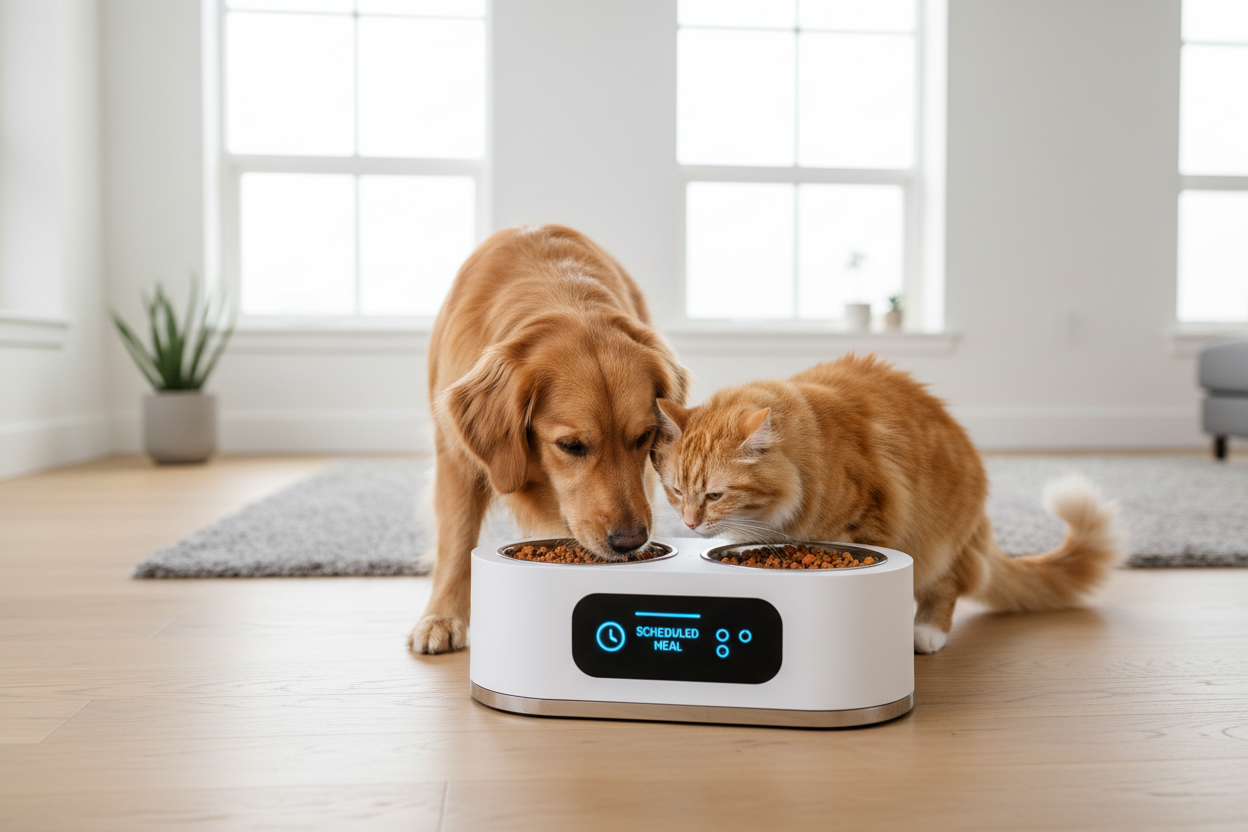 Dog and cat eating from smart feeder and water fountain