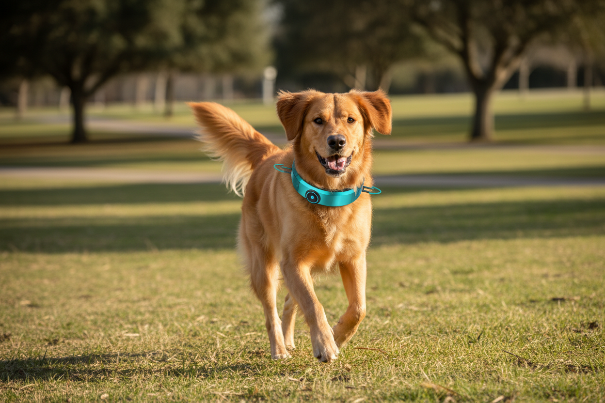 Dog wearing smart GPS tracking collar