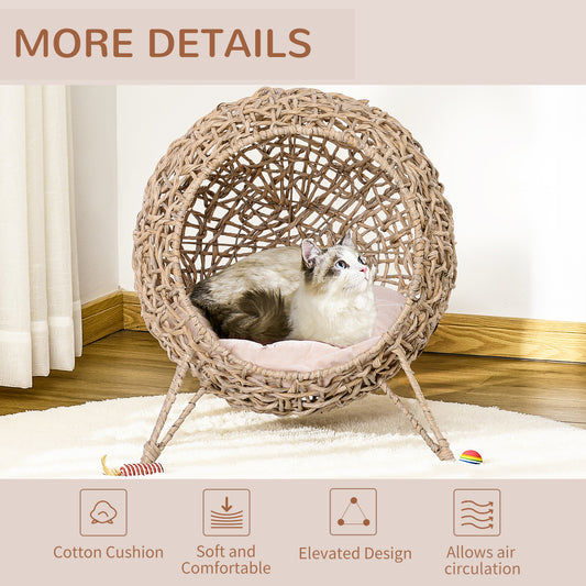20.5" Weaved Cat Bed, Elevated Hand-woven Braided Banana Leaf Kitten House Condo with Cushion, Beige