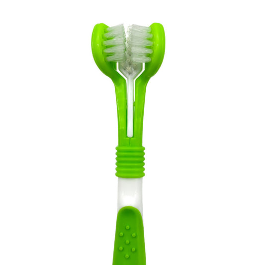 The Pet Dental Care Kit includes a silicone finger toothbrush and a triple-head green and white brush for dogs and cats, designed to clean all sides of your pet’s teeth at once—perfect for any pet dental routine.