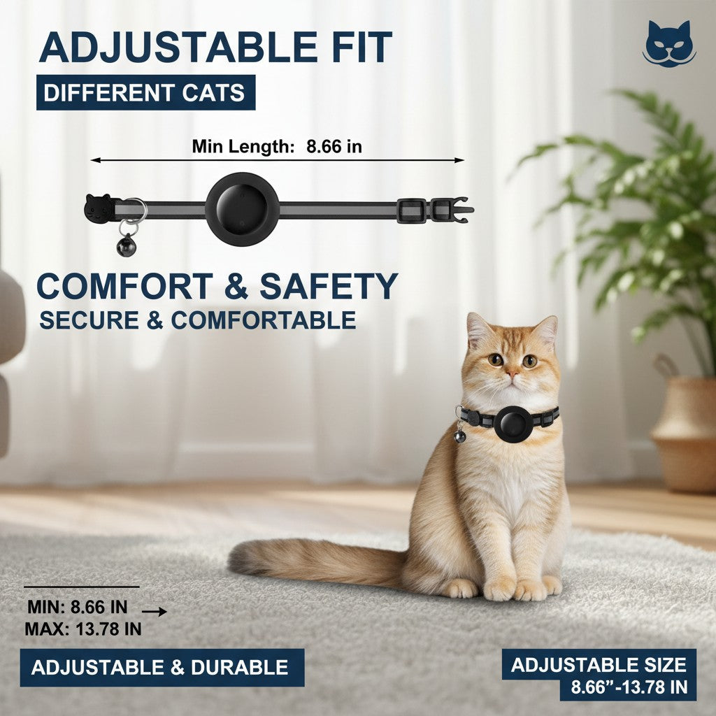 NexiPets black nylon cat collar with tracker holder and bell, adjustable for different sizes.