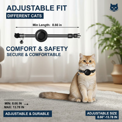 NexiPets black nylon cat collar with tracker holder and bell, adjustable for different sizes.