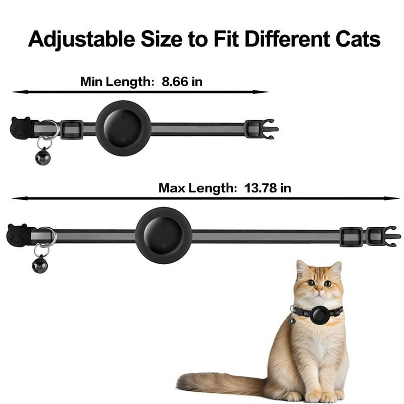 NexiPets black nylon cat collar with tracker holder and bell, adjustable for different cat sizes.