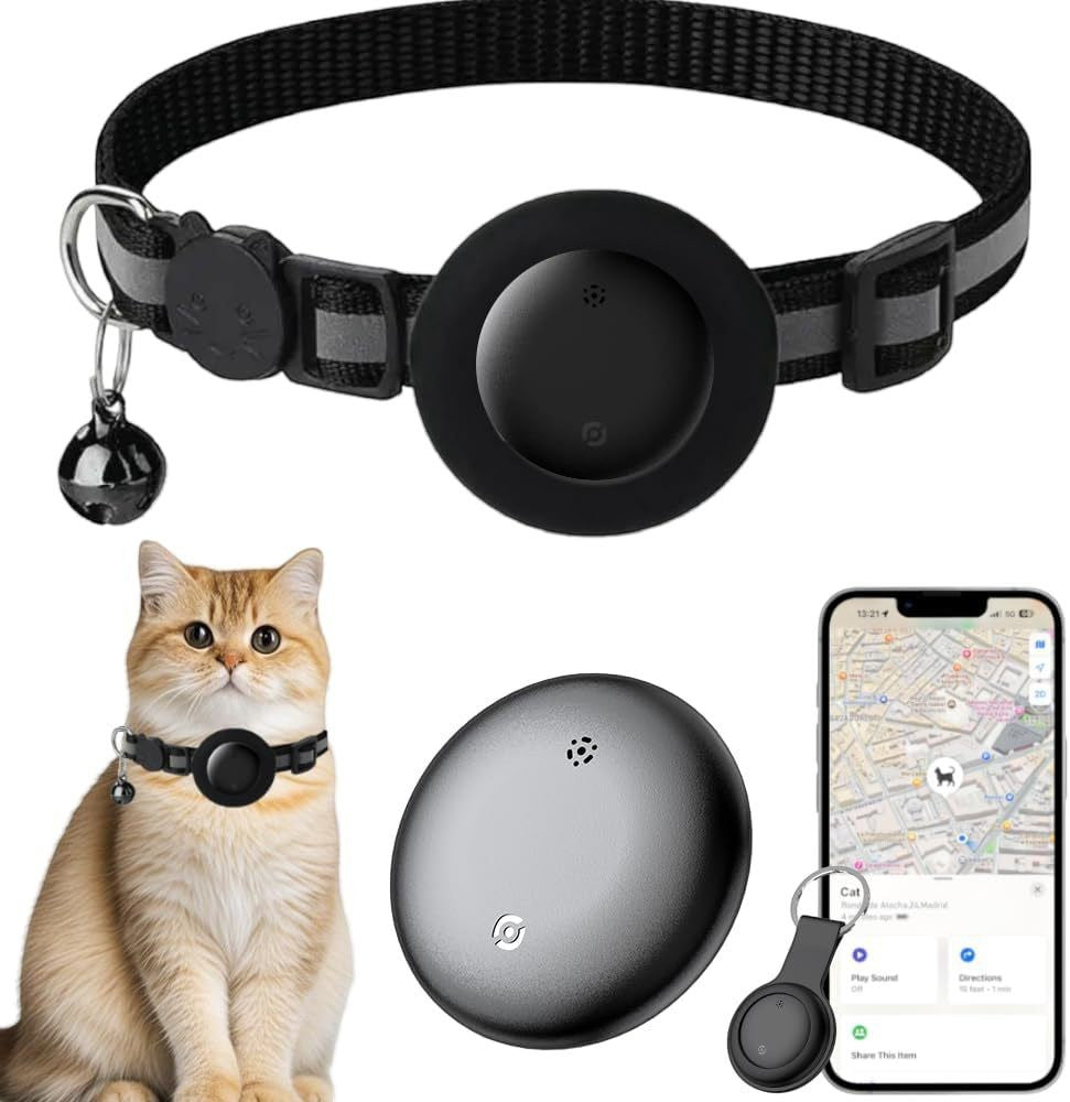 NexiPets black nylon cat collar with GPS tracker and bell, shown on a cat and with phone tracking app.