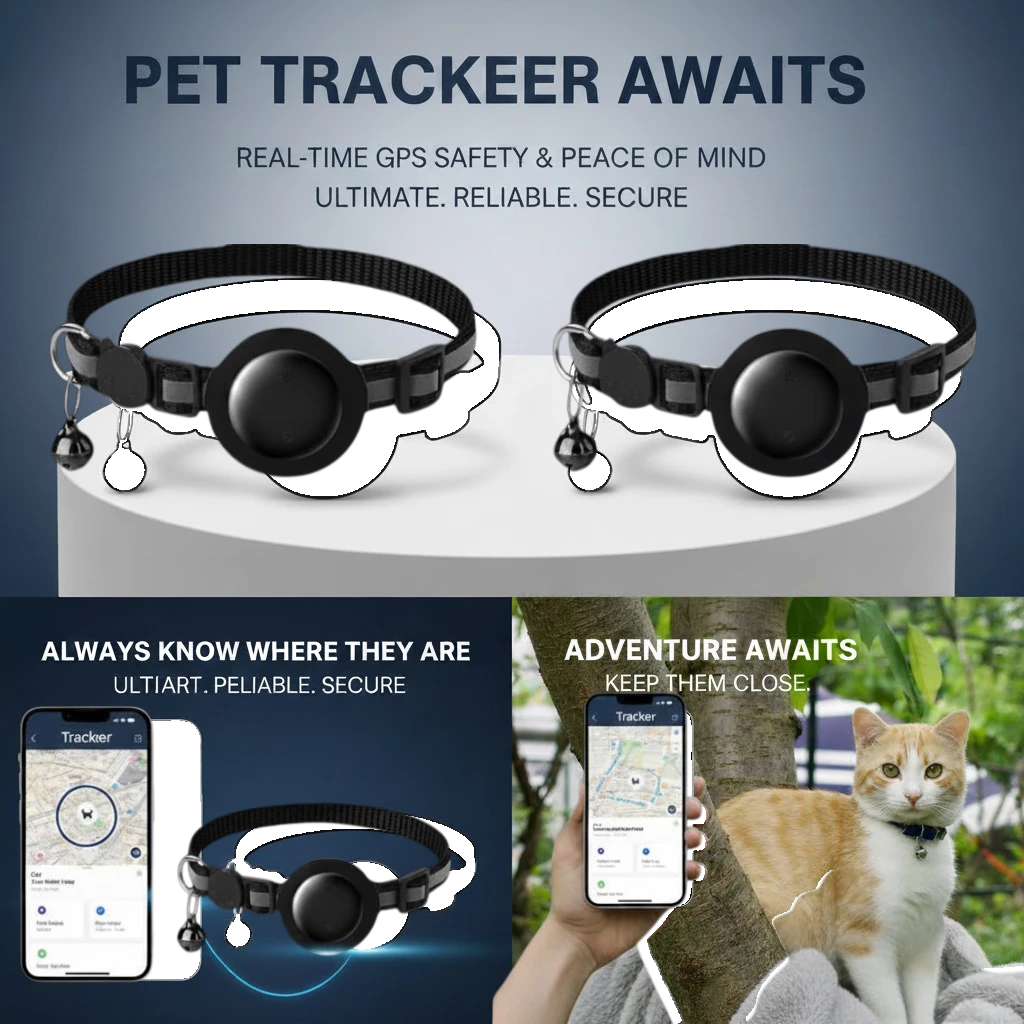 NexiPets black nylon cat collar with GPS tracker and bell, compatible with Apple Find My.