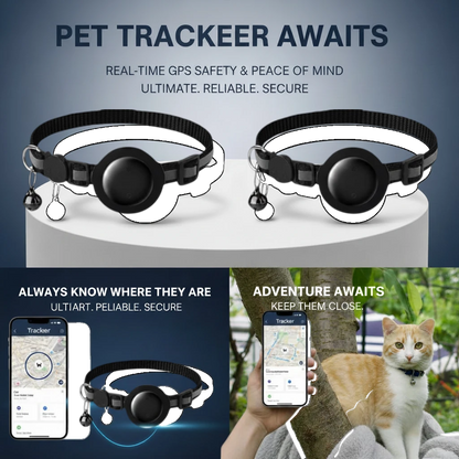 NexiPets black nylon cat collar with GPS tracker and bell, compatible with Apple Find My.