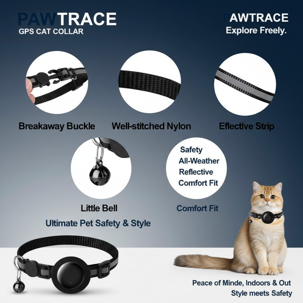 NexiPets black nylon cat collar with tracker holder, bell, reflective strip, and breakaway buckle.