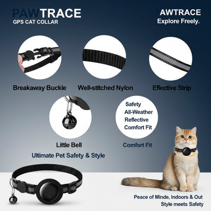 NexiPets black nylon cat collar with tracker holder, bell, reflective strip, and breakaway buckle.