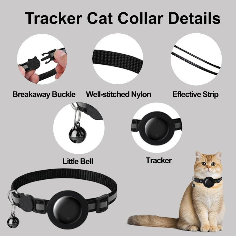 NexiPets black nylon cat collar with tracker holder, reflective stripes, breakaway buckle, and bell.