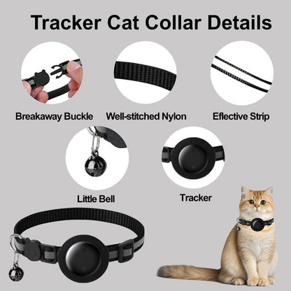 NexiPets black nylon cat collar with tracker holder, reflective stripes, breakaway buckle, and bell.