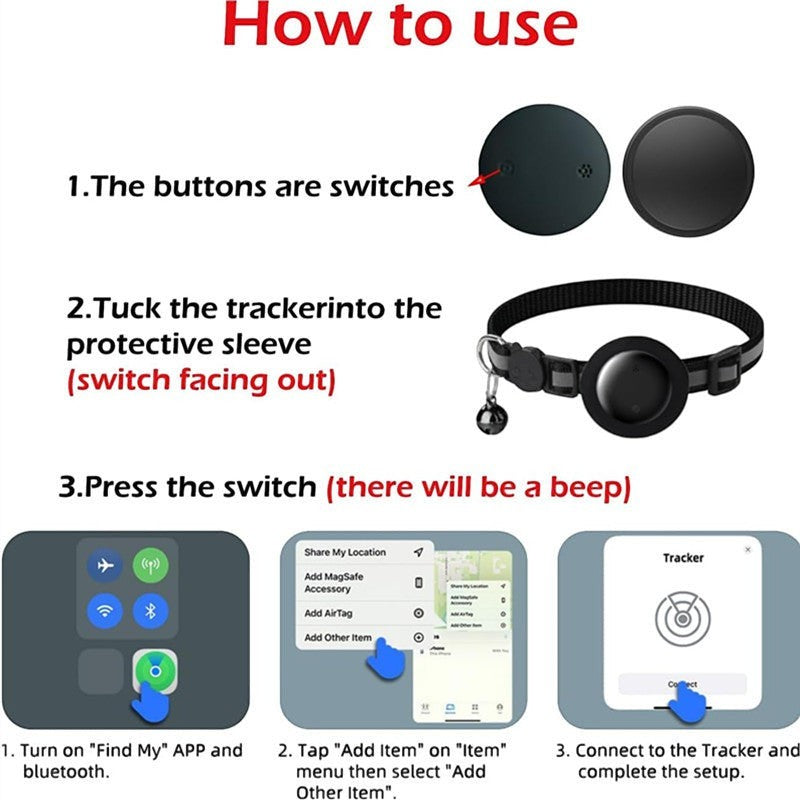 NexiPets black nylon pet cat location tracker collar with bell and Apple Find My compatibility.