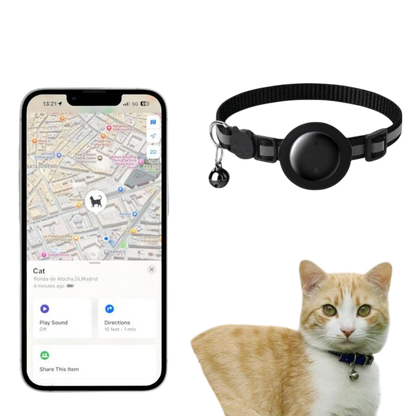 NexiPets black nylon pet cat location tracker collar with bell and reflective stripes, compatible with Apple Find My.