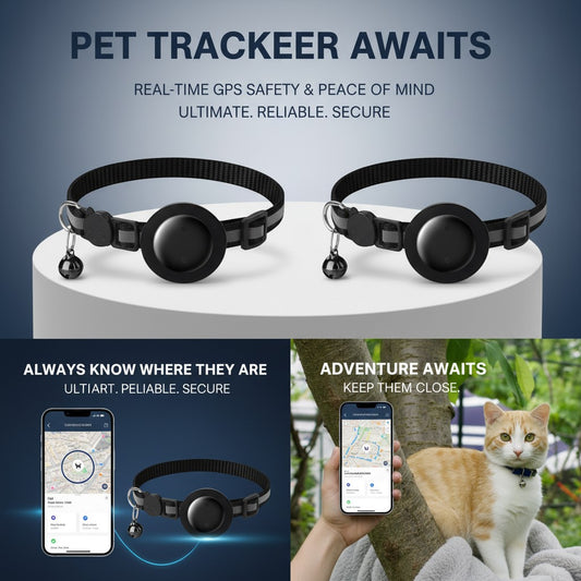 NexiPets black nylon pet cat tracker collar with bell and Apple Find My compatible device