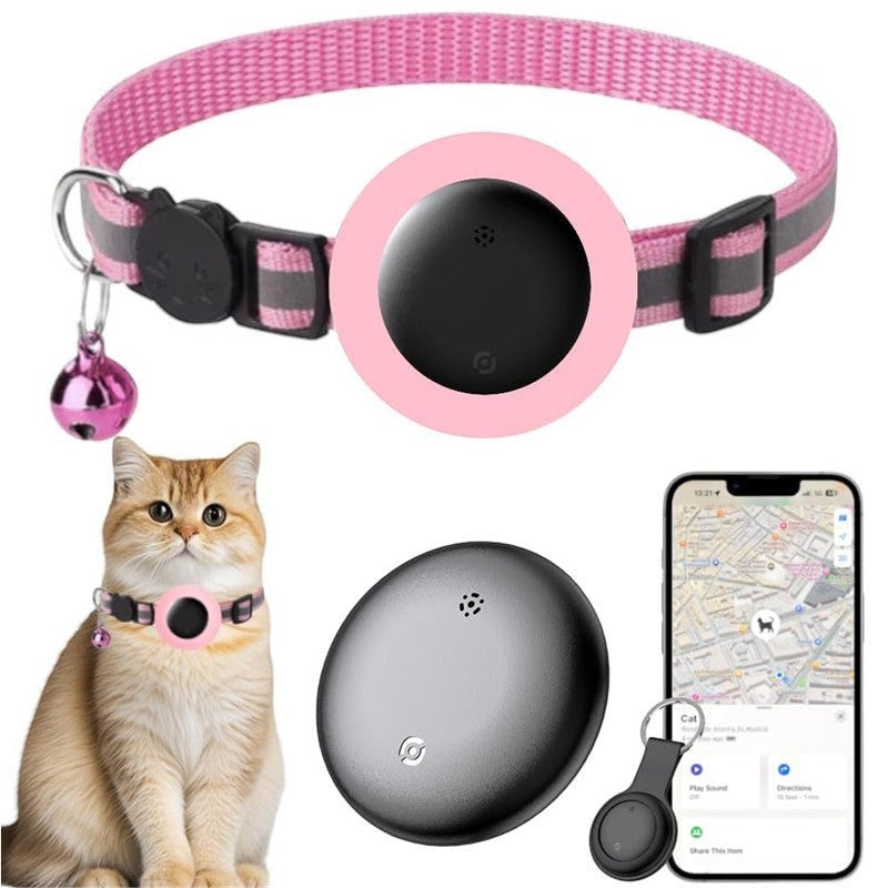NexiPets pink nylon cat collar with tracker holder, bell, and reflective stripes. Compatible with Apple Find My.