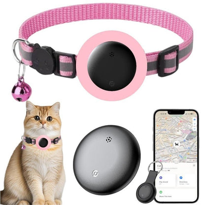 NexiPets pink nylon cat collar with tracker holder, bell, and reflective stripes. Compatible with Apple Find My.