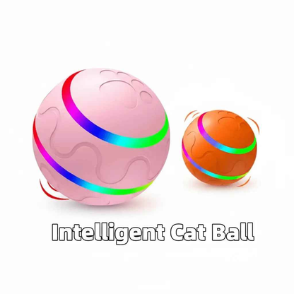 Interactive cat ball toy by NexiPets, shown in pink and orange with rainbow LED lights, paw print patterns, and motion lines.