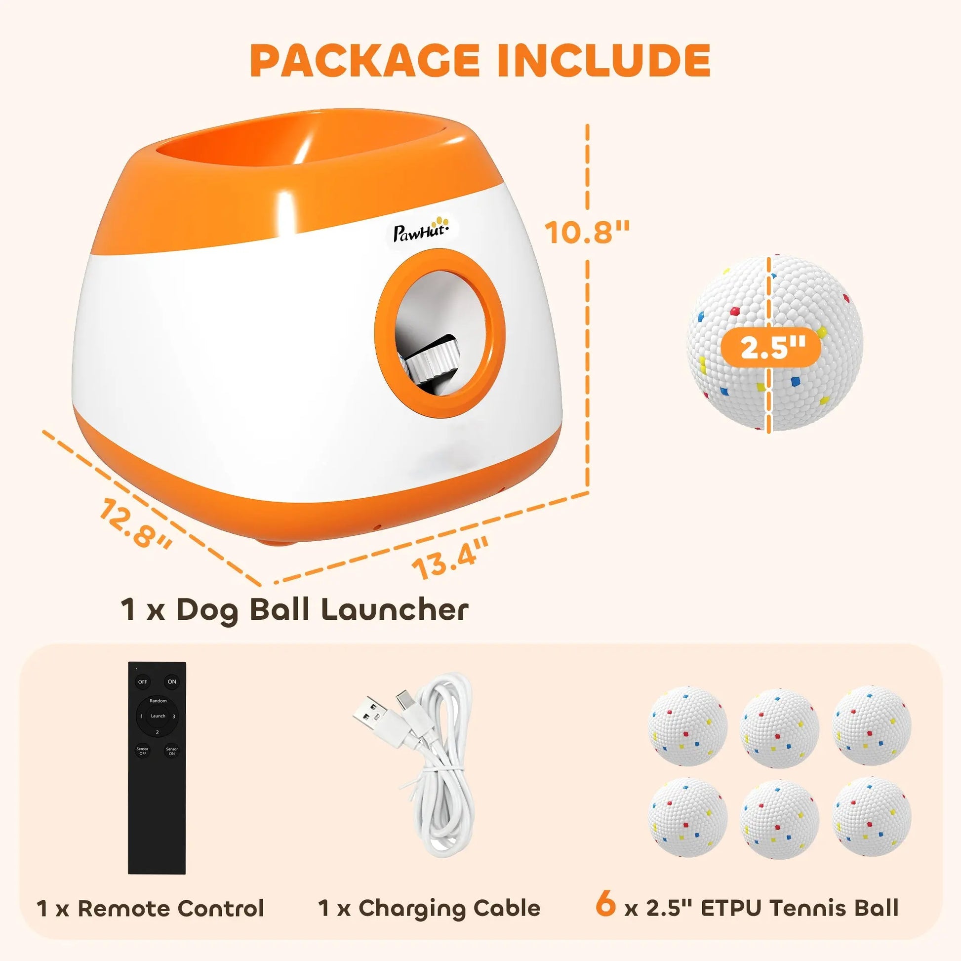 Ball launcher bundle: orange launcher, remote control, cable, and 6 tennis balls