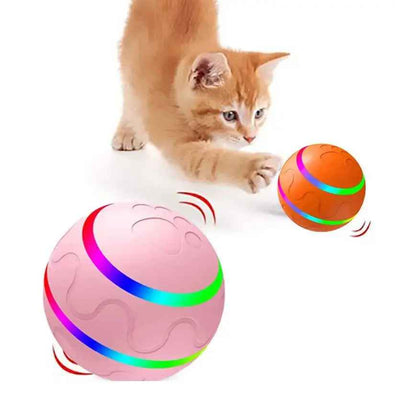 Pink and orange interactive cat ball toys by NexiPets, with colorful LED stripes and a kitten batting at one.