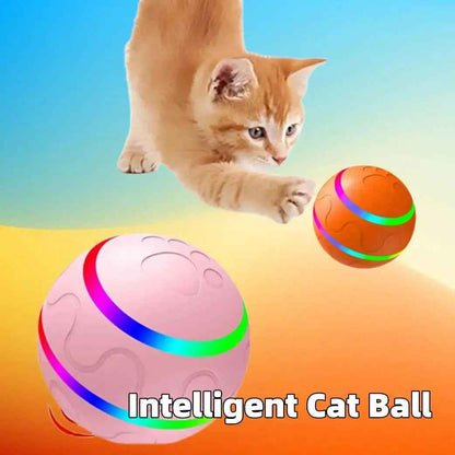 Pink and orange interactive cat ball toys by NexiPets with colorful LED stripes, featuring paw print indentations, played with by a kitten.