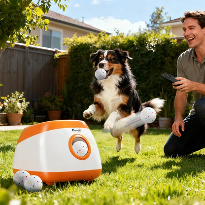 Orange ball launcher and flying tennis ball next to jumping Bernese dog