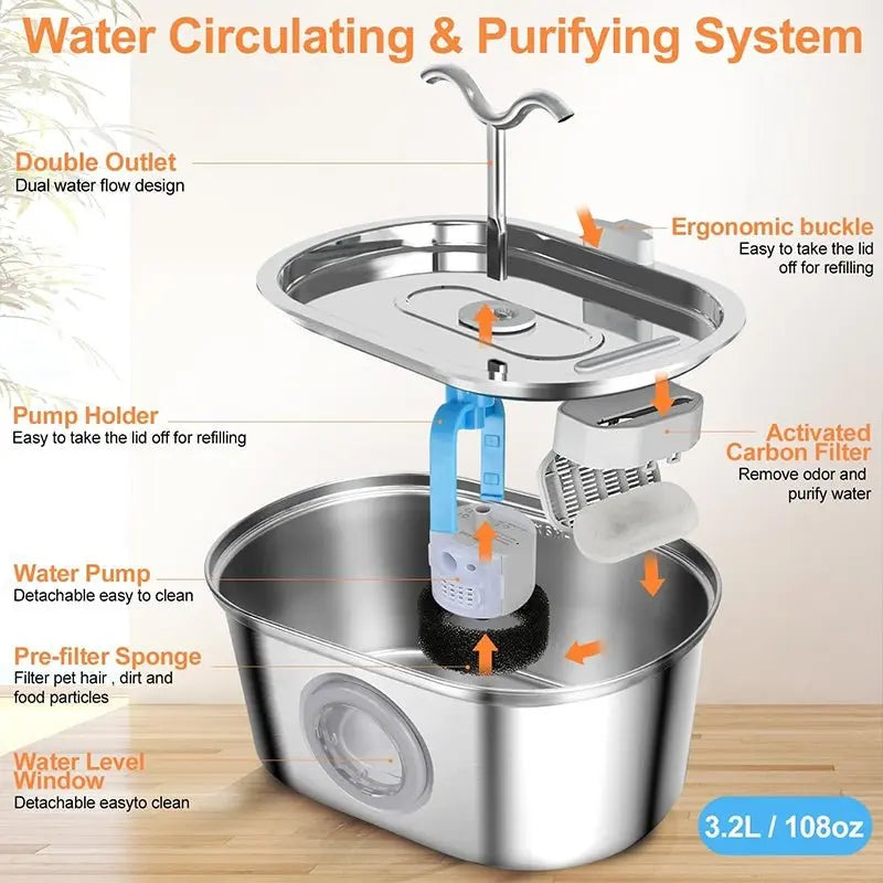 NexiPets Stainless Steel Pet Fountain 3.2L - NexiPets
