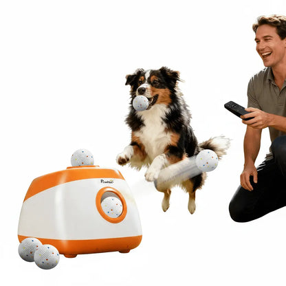 Orange-and-white automatic dog ball launcher with remote controller and tennis balls
