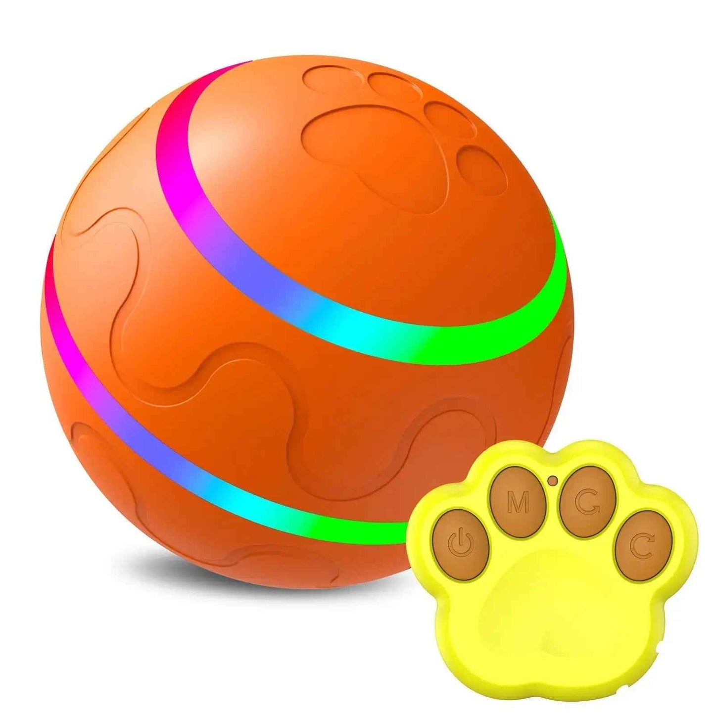 Orange interactive cat ball toy by NexiPets with colorful LED light stripes, embossed paw prints, and a yellow paw-shaped remote.