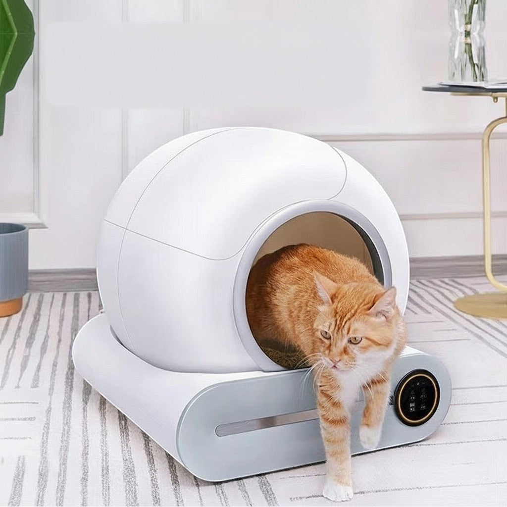 NexiPets Self-Cleaning Smart Litter Box, white and grey, with an orange tabby cat exiting. App-controlled and odor-free.